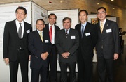 Club Chairman T Brian Stevenson (3rd from right); Lingnan University Council Chairman Bernard Chan (2nd from right) and Treasurer Patrick Yeung (2nd from left); Institutional Advancement Committee Chairman Patrick Ma (1st from left); President Professor Chan Yuk-Shee (3rd from left); and the Club!|s Executive Director, Charities, Douglas So (1st from right). 