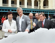 From right: Chairman of The Hong Kong Jockey Club Mr T Brian Stevenson, Executive Director of Rocco Design Architects Mr Bernard Hui, Purcell Miller Tritton Chairman Mr Michael Morrison, Senior Partner in charge of the CPS project for Herzog & de Meuron, Mr Ascan Mergenthaler, and Secretary for Development Mrs Carrie Lam. 