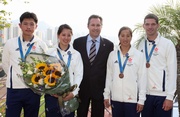 The Club's Manager, Equestrian Affairs Sacha Eckjans (third from right) welcomes Jacqueline Lai (second from left) as a new member of the HKJC Equestrian Team, an honour shared by her Asian Games team-mates Patrick Lam (first from right), Samantha Lam (second from right) and Kenneth Cheng (first from left).