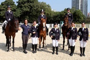 Samantha Lam (second from left), member of the HKJC Equestrian Team takes the lead to mentor a clinic for the HKJC Junior Equestrian Team members including Taylor Yeung (first from left), Clarissa Lyra (third from left), Lennard Chiang (forth from left), Oi Man Leung (forth from right), Kendall Kruger (third from right), Patricia Chan (second from right) and Corliss Chi (first from right).

