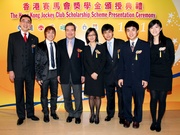 Hospital Authority Chairman Anthony Wu (3rd from left), Executive Director, Charities, Douglas So (1st from left), Jockey Club Scholars Christopher Ying (2nd from left) and Wong Wai-yin (1st from right) from HKAPA, Chris Cheng (3rd from right) from HKUST, Elvin He (2nd from right) and Fiona Chou (centre) from CUHK.