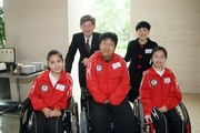 (1st row from left) Beijing Paralympic Games gold medallist Kwok Hoi-ying, silver medallist Leung Yuk-wing and member of the Hong Kong Boccia Team Yeung Hiu-lam with the Club!|s Executive Director, Charities, William Y Yiu and Chairman of the Hong Kong Paralympic Committee & Sports Association for the Physically Disabled, Jenny Fung. 
