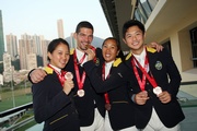 (From right to left) Club Equestrian Team members Kenneth Cheng, Samantha Lam and Patrick Lam, and Junior Team member Jacqueline Lai, come home with excellent results in claiming one gold and two bronze medals at the 11th National Games.