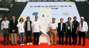 From left: Chairman of HKJC BMX Park Works Committee Ying Kwok-ching, Chairman of Hong Kong Cycling Association Leung Sik-wah, Director of Leisure & Cultural Services Betty Fung, celebrity Stephen Chow, Secretary for Home Affairs Tsang Tak-sing, The Hong Kong Jockey Club's Deputy Chairman T Brian Stevenson, President of the Asian Cycling Confederation Cho Hee Wook, Secretary General of the Asian Cycling Confederation Choi Boo Woong, President of Hong Kong Cycling Association Herman Hu, and Chairman of Kwai Tsing District Council Tang Kwok-kong.