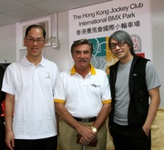 The Hong Kong Jockey Club's Deputy Chairman T Brian Stevenson, and Secretary for Home Affairs Tsang Tak-sing and celebrity Stephen Chow at the opening ceremony of The Hong Kong Jockey Club International BMX Park.