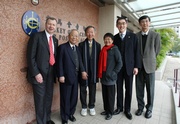 Club Chairman Dr John C C Chan!]2nd from left!^; Chief Executive Officer Winfried Engelbrecht-Bresges!]1st from left!^; Professor Charles K Kao and his wife Gwen Wong (centre); Executive Director, Charities, Legal & Corporate Secretariat, Douglas So (2nd from right) and Director of the Jockey Club Centre for Positive Ageing, Professor Timothy Kwok (1st from right).