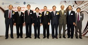Club Steward Anthony W K Chow (centre) and Executive Director, Charities, Legal & Corporate Secretariat, Douglas So (3rd from left) are pictured with Chairman of the HKBU Foundation and Chairman of the University!|s Council and Court Wilfred Wong (4th from left); University President and Vice-Chancellor Prof Ng Ching-fai (4th from right); Vice-President (Academic) Prof. Franklin Luk (3rd from right); Vice-President (Research & Institutional Advancement) Prof. Tsoi Ah Chung (2nd from left); Vice-President (Administration) and Secretary Andy Lee (2nd from right); Dean of the School of Communication Prof Zhao Xinshu (1st from left); and Director of the Academy of Film Dr Cheuk Pak Tong (1st from right).