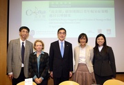 Mr Douglas So (centre), Professor Jean Woo (2nd from right), Professor Sarah McGhee (2nd from left), Dr Patsy Chau (1st from right) and Professor Timothy Kwok of the Department of Medicine & Therapeutics at The Chinese University of Hong Kong, who is also Director of the Jockey Club Centre for Positive Ageing (1st from left), pictured at today's announcement of the CADENZA dementia study findings.